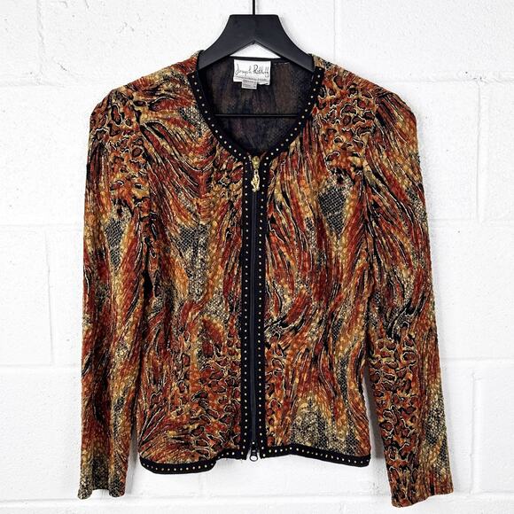 Joseph Ribkoff Vintage Tapestry Zip Jacket Brown Animal Print Studded - Picture 1 of 8